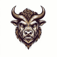 Bull's head with large horns and long horns on white background. Generative AI.