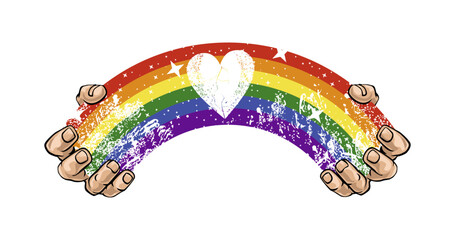 design for t-shirt with hands joined by a rainbow and a heart in the middle. Vector illustration for gay pride day.