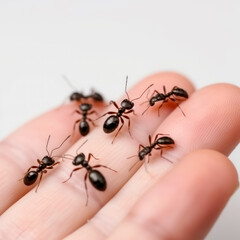 Group of ants sitting on top of person's hand in front of white background. Generative AI.