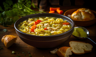 Bowl of chicken noodle soup on table with bread and vegetables. Generative AI.