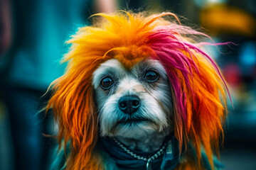 Close up of dog with red and yellow wig on it's head. Generative AI.