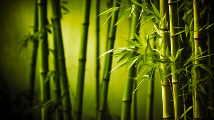 Close up of bamboo tree with green leaves and blurry background. Generative AI.