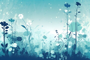 Blue and white floral background with flowers and grass in the foreground. Generative AI.