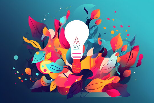 Light bulb surrounded by colorful leaves and flowers on blue background with blue background. Generative AI.