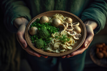 Pasta and mushrooms dish presented by a woman in her hands. Copyspace rustic background. Generative AI