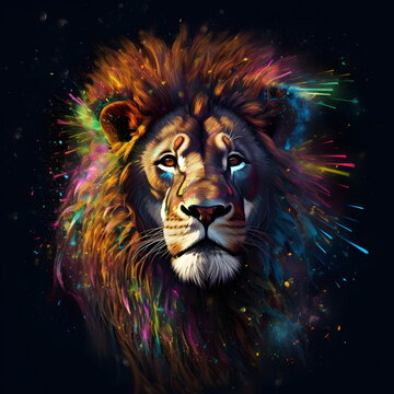 Image of lion's face with colorful fireworks coming out of it. Generative AI.