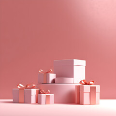 Minimal pink/terracotta background with pink gift wrapped boxes, stage for product design. Generative AI