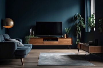 TV in modern living room at the dark blue wall, created with generative AI