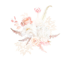 Gold, blush pink, beige, white rose, peony, red tulip, magnolia, hydrangea flower, pampas grass, fern, dried leaves