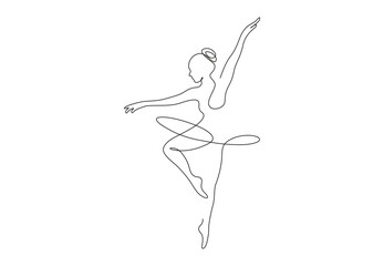One continuous line drawing woman beauty ballet dancer in elegance motion. Sexy girl ballerina performs art dance concept. Wall décor print. Dynamic single line draw design vector graphic illustration