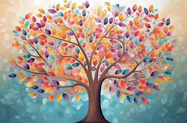 Vibrant Hanging Tree with Multicolored Leaves - Abstract 3D Illustration for Mural Wall Art and Interior Decor, generative AI