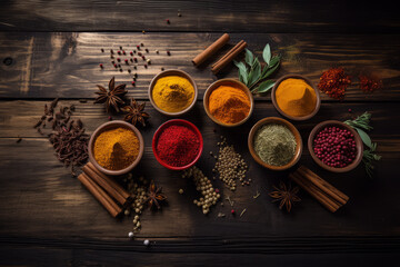 Fototapeta na wymiar Colorful spices on wooden table, Generative ai