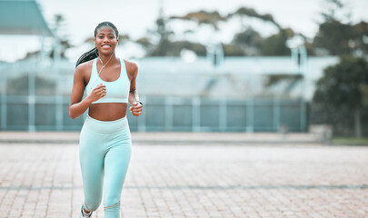 Portrait, city and black woman running, workout goal and exercise for wellness, sports and training. Face, female person and runner with earphones, cardio and athlete with self care and stress relief