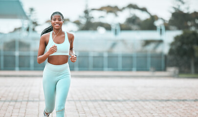 Portrait, city and black woman running, workout goal and exercise for wellness, sports and...