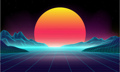 Retro background futuristic landscape 1980s style. Digital retro cyber surface. 80s party background . Retro 80s fashion Sci-Fi Background Summer Landscape. Retro cyberpunk style 80s Sci-Fi. 3D illust - obrazy, fototapety, plakaty