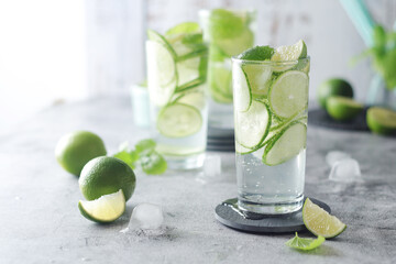Mineral water with lime and cucumber
