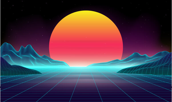 Retro background futuristic landscape 1980s style. Digital retro cyber surface. 80s party background . Retro 80s fashion Sci-Fi Background Summer Landscape. Retro cyberpunk style 80s Sci-Fi. 3D illust