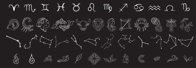 Set and collection of zodiac signs on black background. horoscopes, zodiac signs stars, zodiac signs elements. Aries, gemini, taurus, virgo, aquarius, libra, scorpio, pisces, capricorn, sagittarius, 