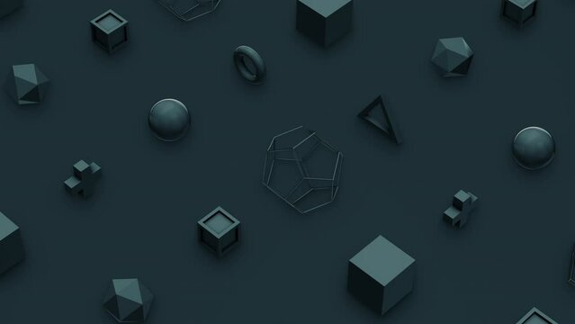 Futuristic 3d animation of many different shapes seamless moving in isometric view on dark background. Computer generated loop animation. 4K loop motion design
