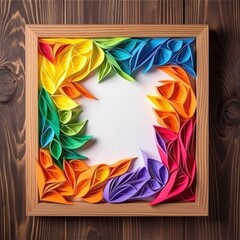 Rainbow colored paper craft leaves and flowers with shadows. AI generative illustration.