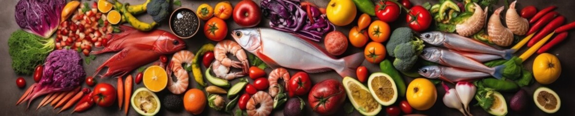 Fototapeta na wymiar Fresh fish and seafood and vegetables arrangement. AI generative illustration.