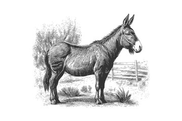 Donkey animal sketch hand drawn sketch engraving. Vector illustration desing.