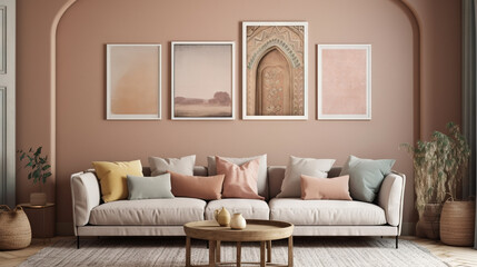 Bohemian InteriorBohemian Interior Design Style living room in pastel colors mock-up with frame for picture Design Style living room in pastel colors mock-up with frame for picture generative ai