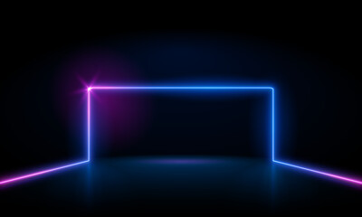 3d render, abstract black background with red pink blue neon geometric line glowing in ultraviolet spectrum, square frame. Neon Football goal, socker