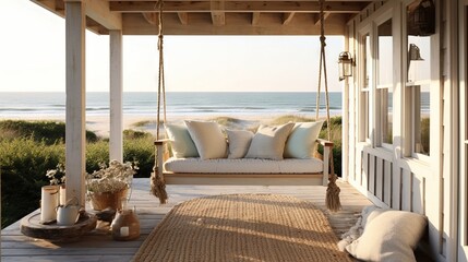  a porch with a swing chair and pillows on the front porch of a beach house with a view of the ocean in the distance,.  generative ai - obrazy, fototapety, plakaty