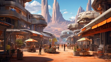 Fototapeta premium Conceptualize a fusion of sci - fi and Western genres, with futuristic technology, space cowboys, and a frontier town on an alien planet