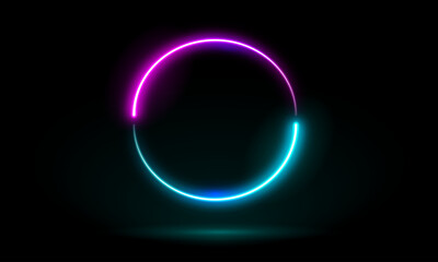 3d render, blue neon round frame, circle, ring shape, empty space, ultraviolet light, 80's retro style, fashion show stage, abstract background, illuminate frame design. Abstract cosmic vibrant circle