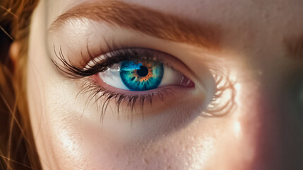 Captivating macro shot of a woman's beautiful eye, revealing intricate details and enchanting colors. generative AI.