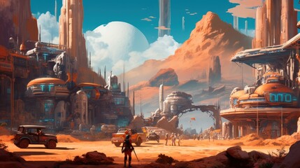 Conceptualize a fusion of sci - fi and Western genres, with futuristic technology, space cowboys, and a frontier town on an alien planet