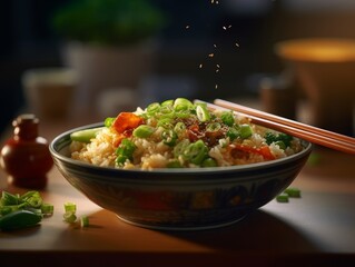 steaming bowl of rice topped with vegetables and chopsticks resting on the edge