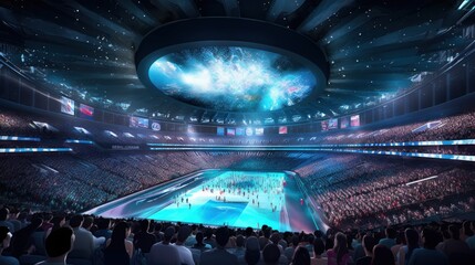 Fototapeta na wymiar Conceptualize a high - energy, futuristic sports competition with advanced technology, gravity - defying arenas, and intense athletic feats