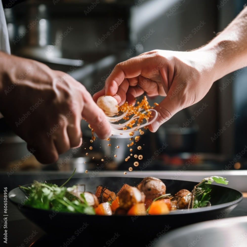 Canvas Prints A person sprinkling some food on a plate. Generative AI image.