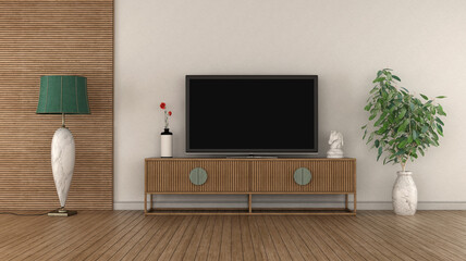 Modern TV on vintage sideboard in a white and wooden room - obrazy, fototapety, plakaty