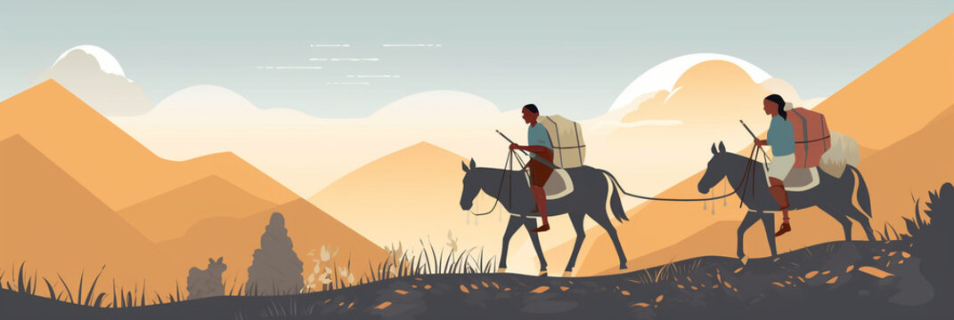 Illustration of Two Friends on Vacation on Mules. Generative ai