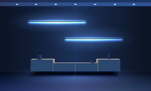Neon wall mounted shelves in dark living room at night. Modern house interior with shelves, stand, couch and floor lamp. Vector realistic illustration of flat plasma television set hanging on wall