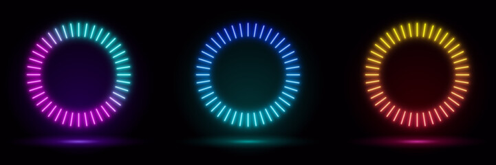 Set of blue, red-purple, green illuminate frame design. Abstract cosmic vibrant color circle backdrop. Collection of glowing neon lighting on dark background with copy space. Top view futuristic style