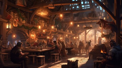 Fototapeta premium Cozy and bustling fantasy tavern, with adventurers, merchants, and creatures from all walks of life gathering for stories, music, and merriment