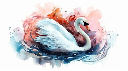 Watercolor painting of a beautifull swan swimming on the lake. JP023-103 Artistic animal graphics for posters, wallpapers, art prints.