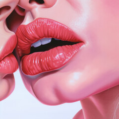 Close up of two lips touching one another. Caucasian women, macro image.