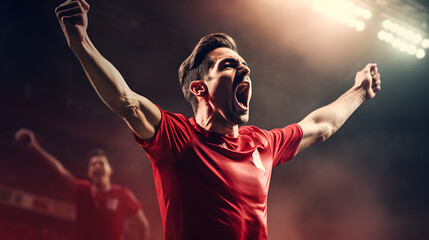 Soccer player in red uniform celebrates a goal on a soccer stadium, holding hands above his head and screaming - obrazy, fototapety, plakaty