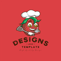 Fototapeta na wymiar cute strawberry character logo, strawberry chef character.