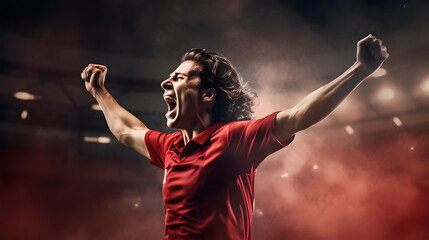 Soccer player in red uniform celebrates a goal on a soccer stadium, holding hands above his head and screaming