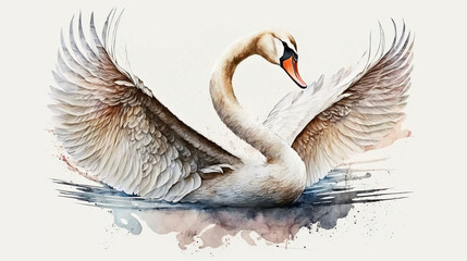 Watercolor painting of a beautifull swan swimming on the lake. JP023-106 Artistic animal graphics for posters, wallpapers, art prints.