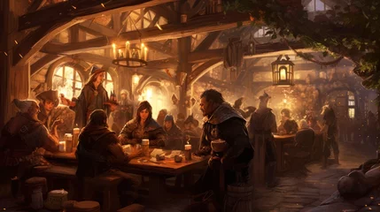 Fotobehang Cozy and bustling fantasy tavern, with adventurers, merchants, and creatures from all walks of life gathering for stories, music, and merriment © Damian Sobczyk