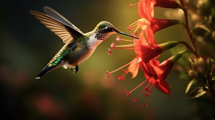 Naklejka na ściany i meble a hummingbird hovering over a red flower with its beak open and wings wide open, with its mouth wide open, with its mouth wide open wide open mouth wide open. generative ai