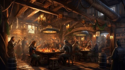 Obraz na płótnie Canvas Cozy and bustling fantasy tavern, with adventurers, merchants, and creatures from all walks of life gathering for stories, music, and merriment